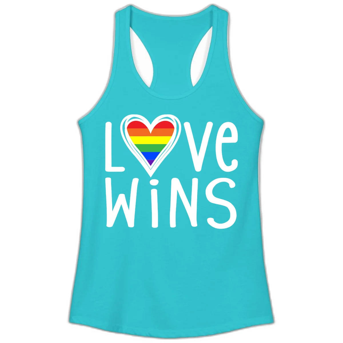 Love wins rainbow heart design with pride flag colors in white outlined heart shape and text in Solid Tahiti Blue