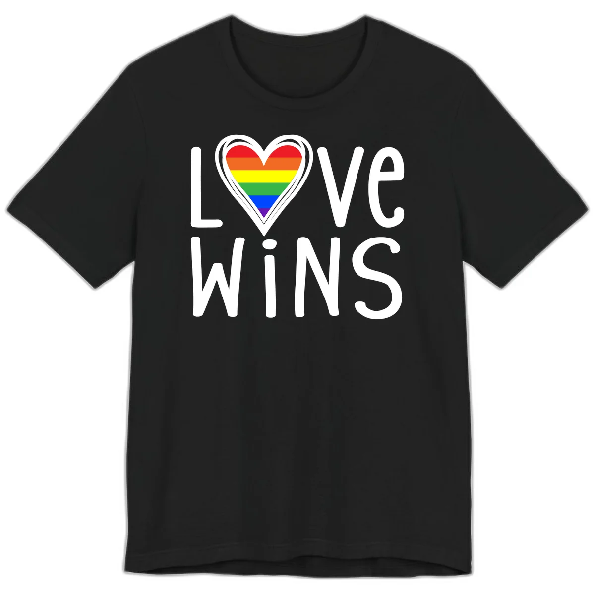 Love wins rainbow heart design with pride flag colors in white outlined heart shape and text in Black