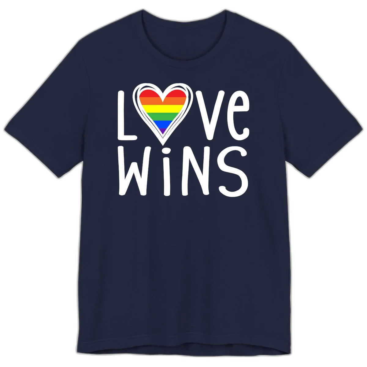 Love wins rainbow heart design with pride flag colors in white outlined heart shape and text in Navy