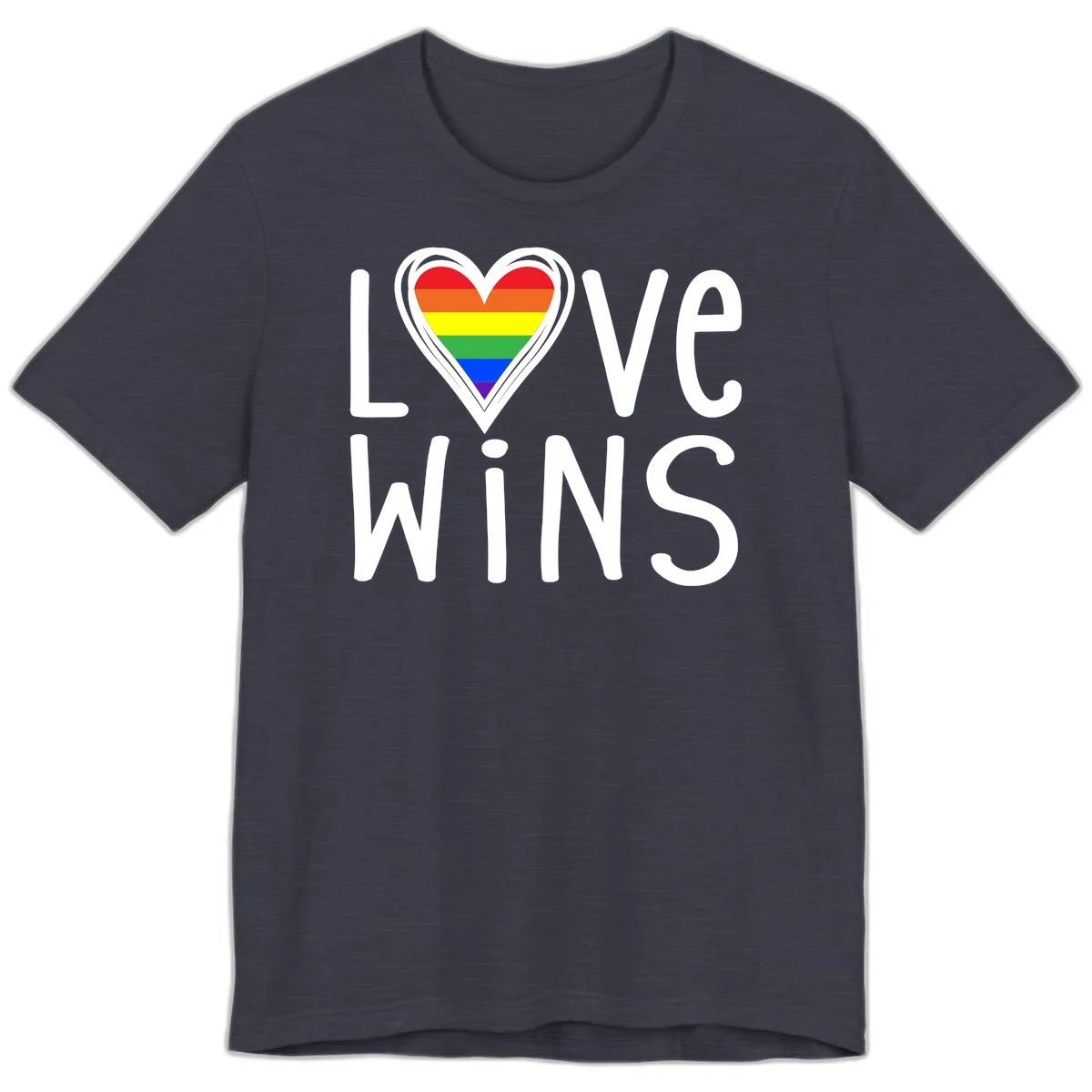 Love wins rainbow heart design with pride flag colors in white outlined heart shape and text in Heather Midnight Navy