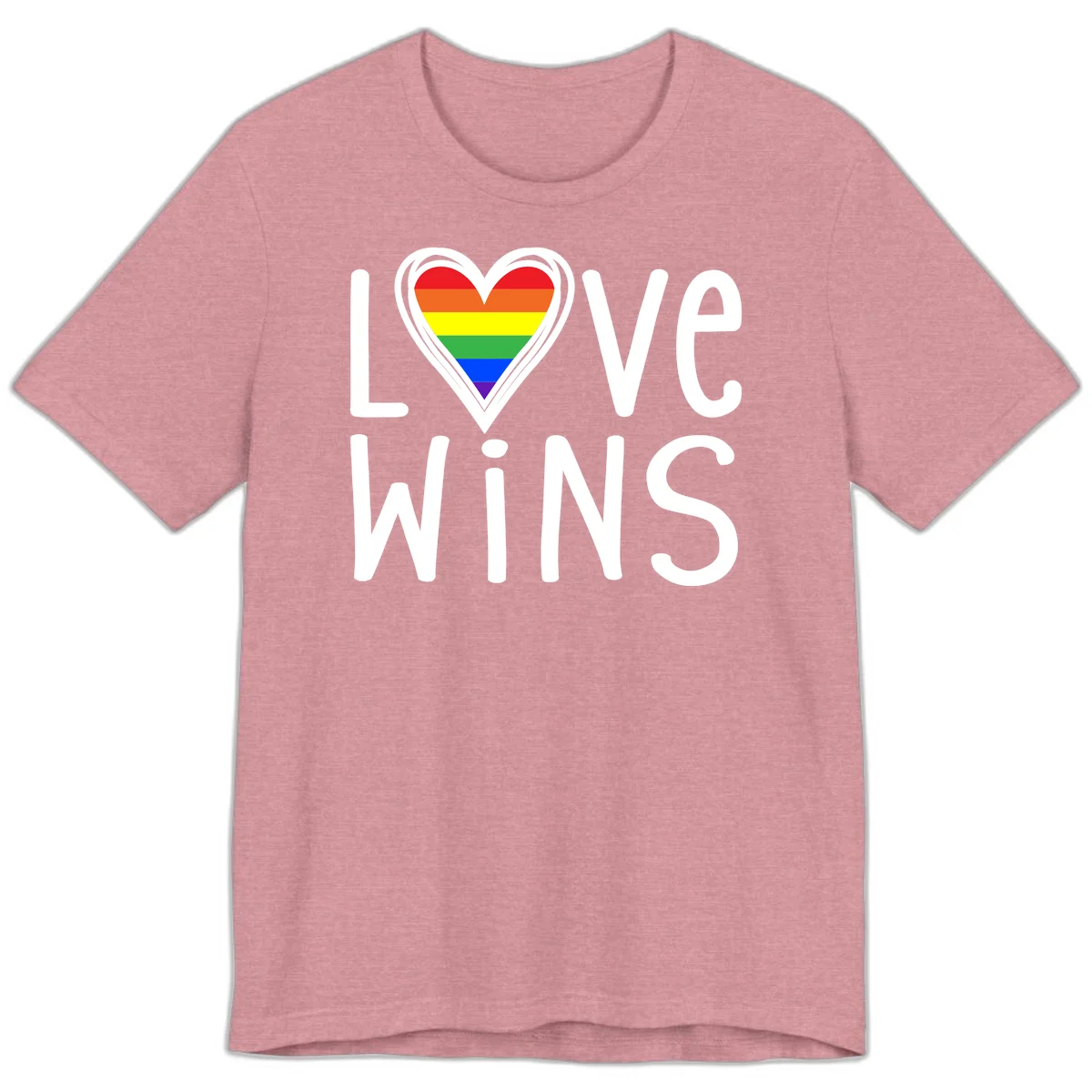 Love wins rainbow heart design with pride flag colors in white outlined heart shape and text in Heather Orchid