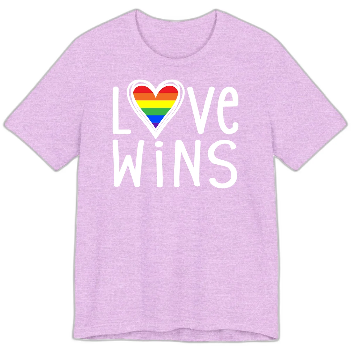 Love wins rainbow heart design with pride flag colors in white outlined heart shape and text in Heather Prism Lilac