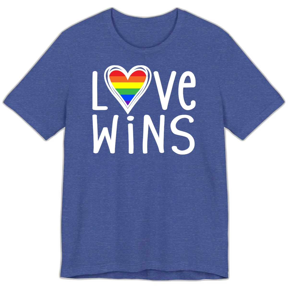 Love wins rainbow heart design with pride flag colors in white outlined heart shape and text in Heather True Royal