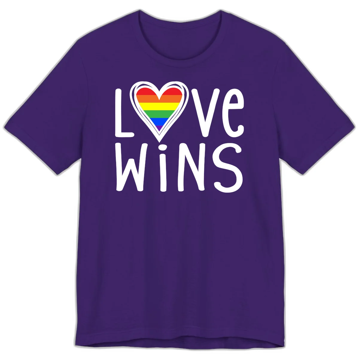 Love wins rainbow heart design with pride flag colors in white outlined heart shape and text in Team Purple
