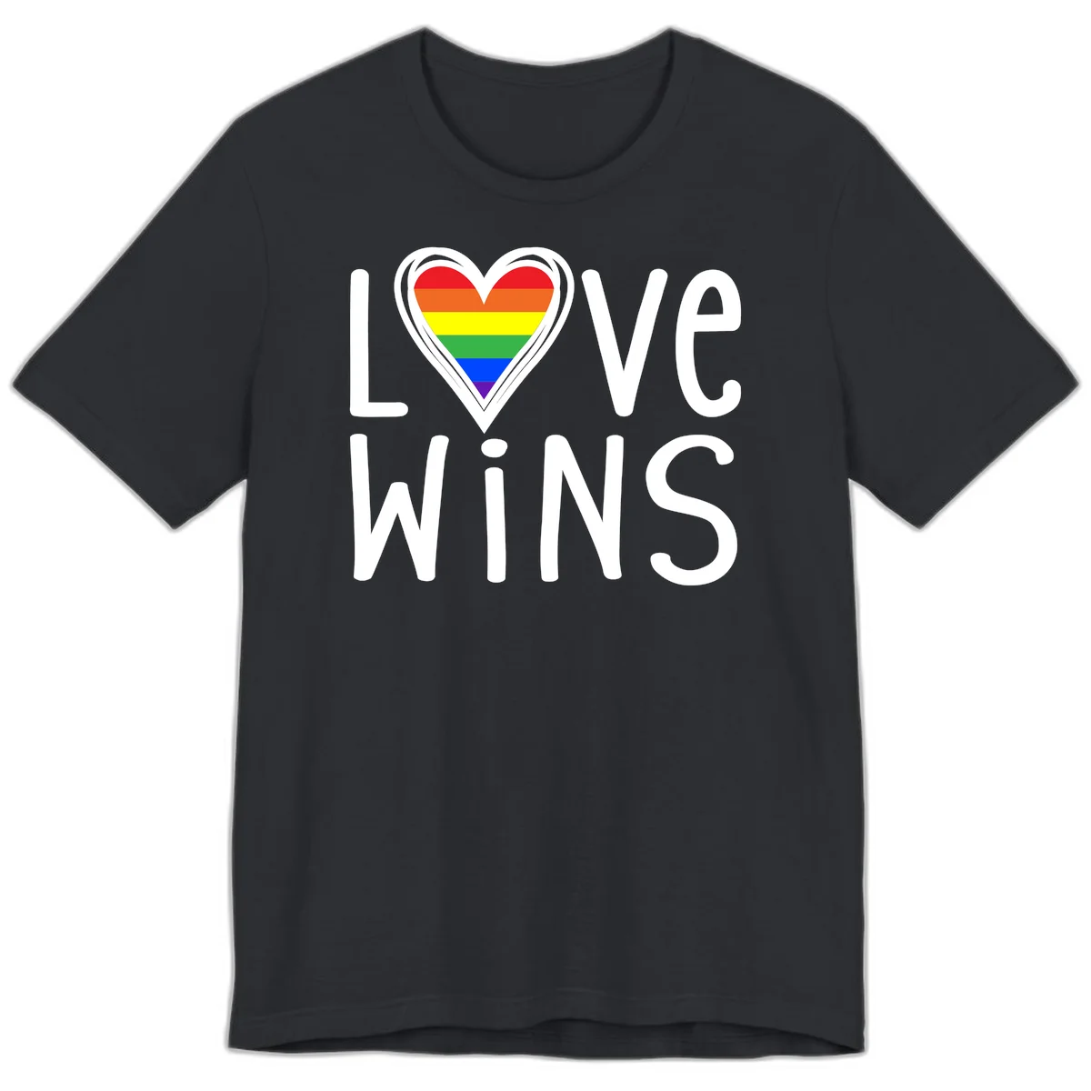 Love wins rainbow heart design with pride flag colors in white outlined heart shape and text in Vintage Black