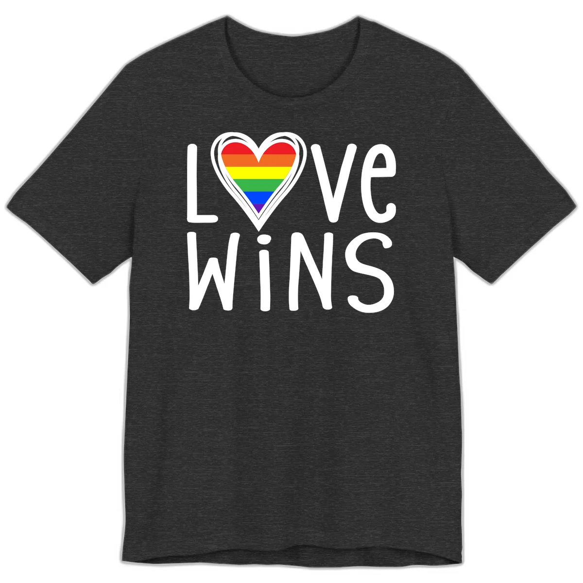 Love wins rainbow heart design with pride flag colors in white outlined heart shape and text in Dark Grey Heather