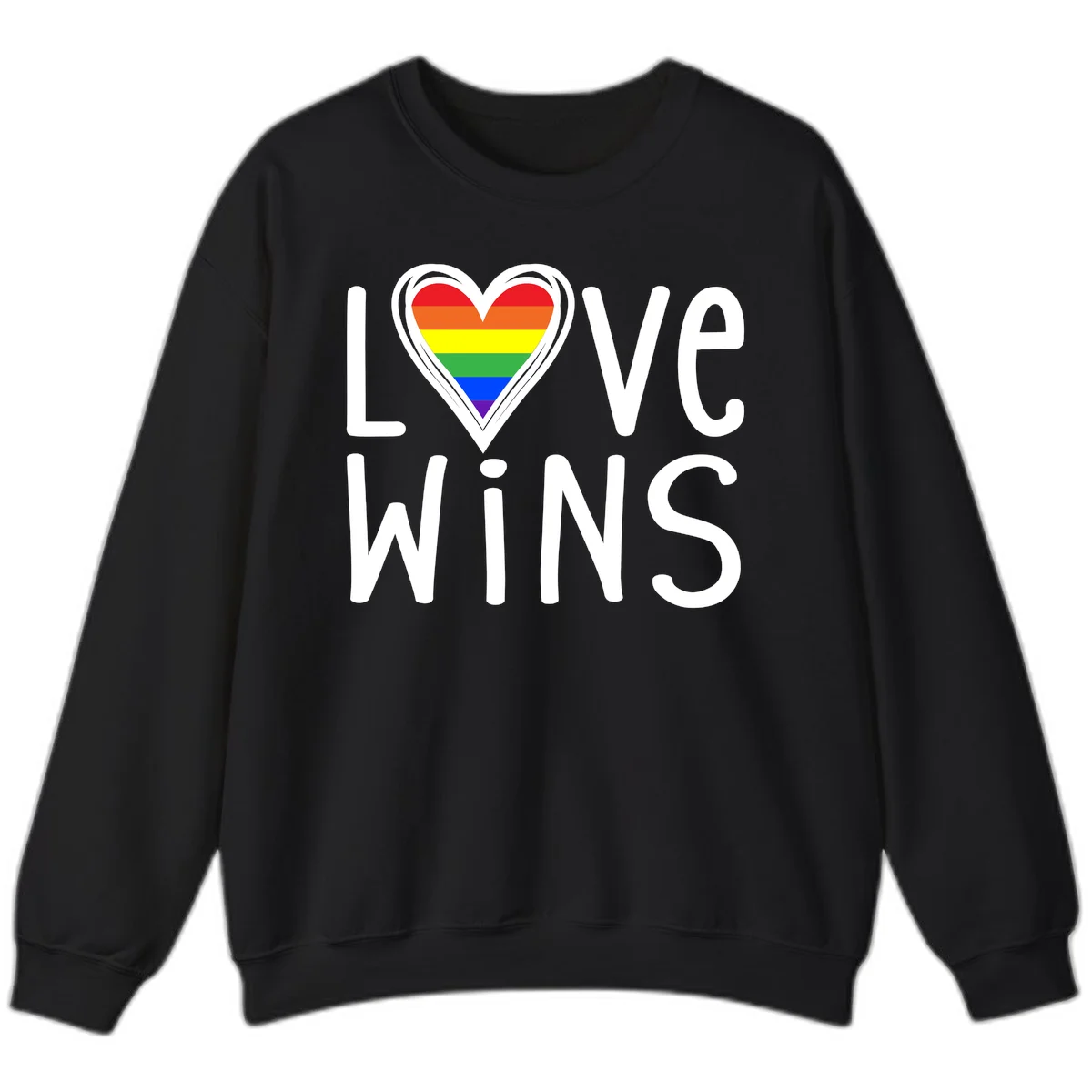 Love wins rainbow heart design with pride flag colors in white outlined heart shape and text in Black