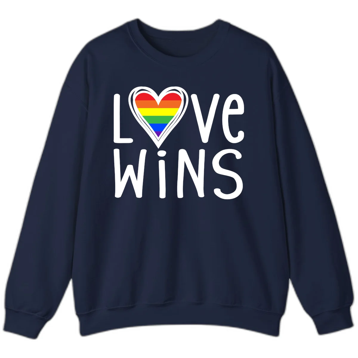 Love wins rainbow heart design with pride flag colors in white outlined heart shape and text in Navy