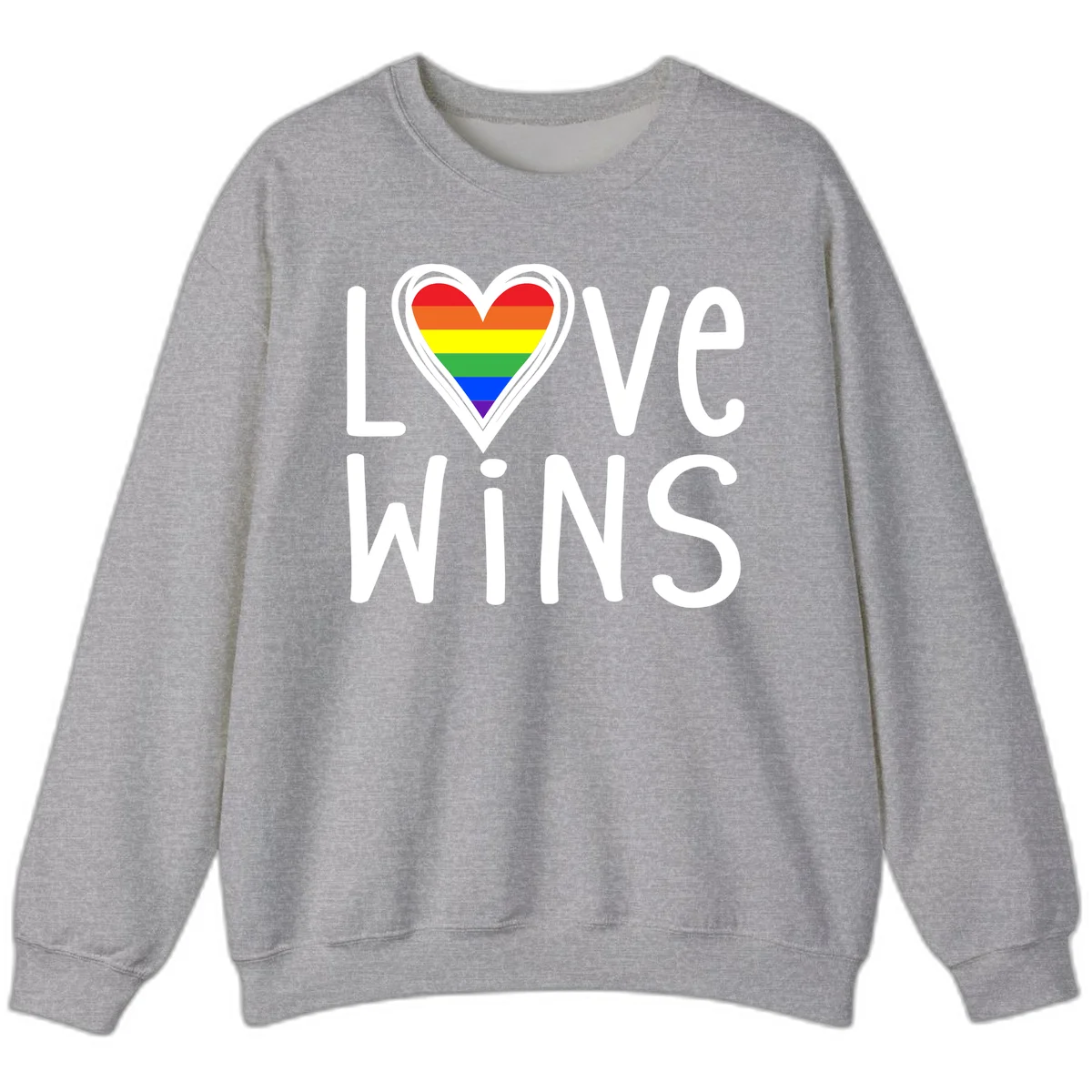 Love wins rainbow heart design with pride flag colors in white outlined heart shape and text in Sport Grey