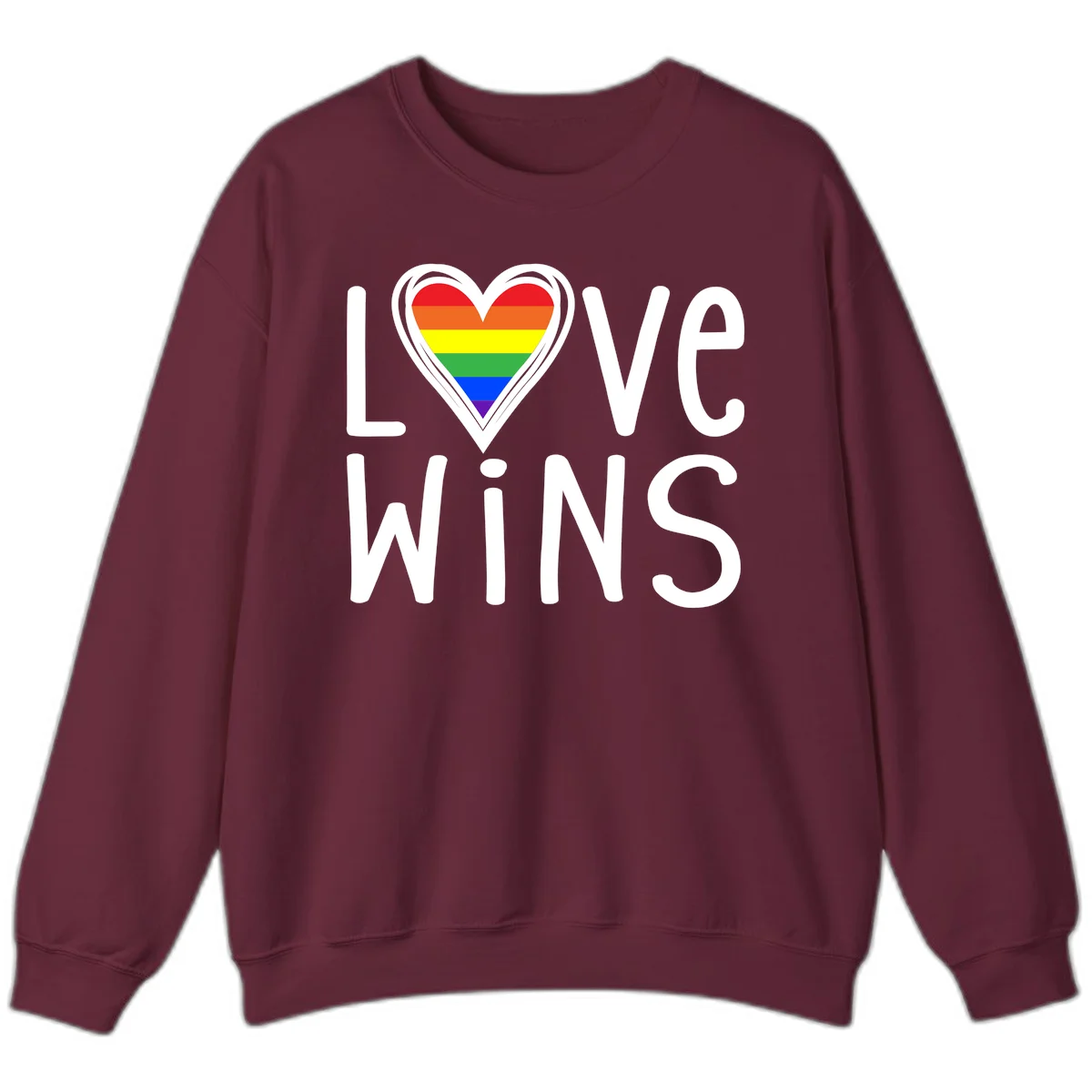 Love wins rainbow heart design with pride flag colors in white outlined heart shape and text in Maroon