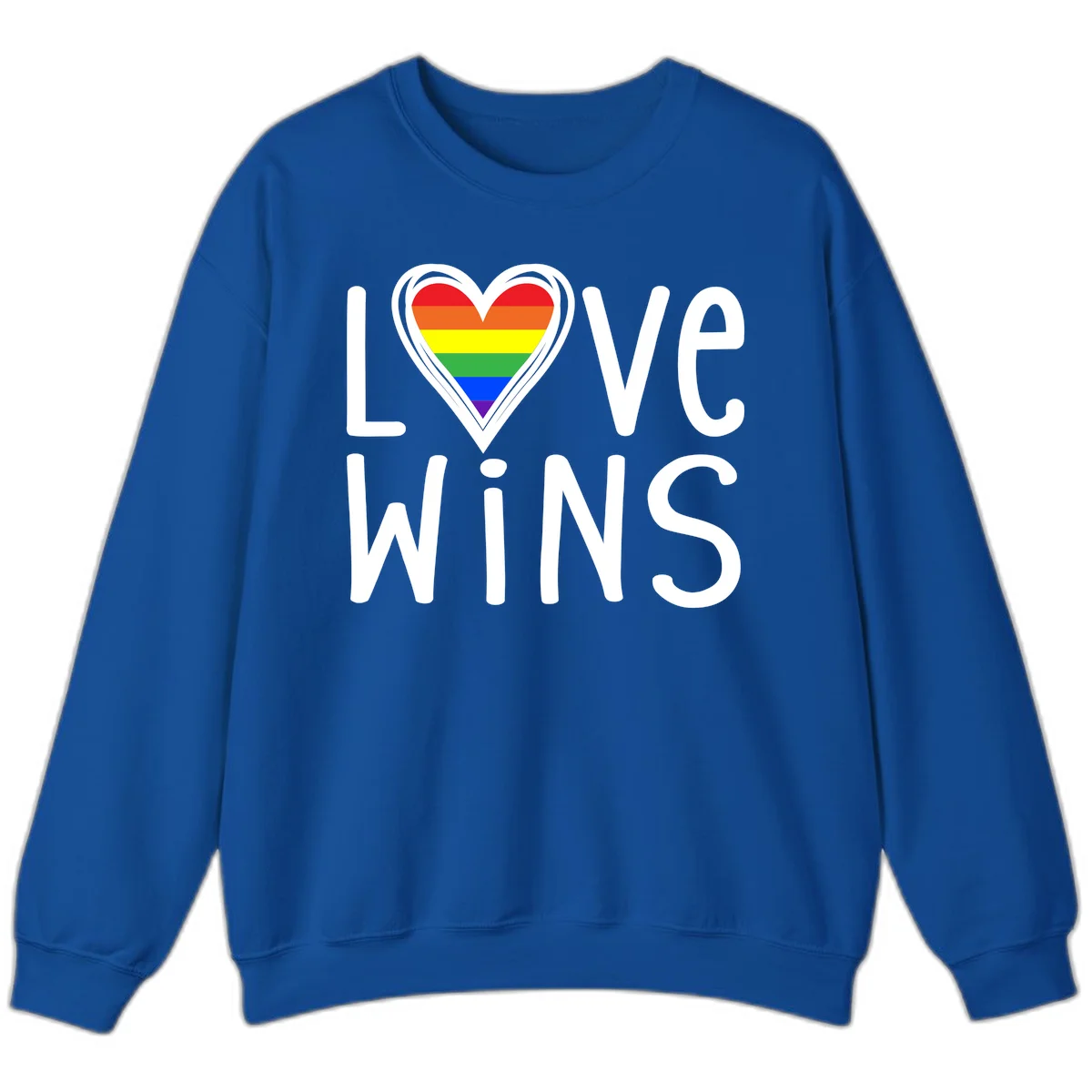 Love wins rainbow heart design with pride flag colors in white outlined heart shape and text in Royal