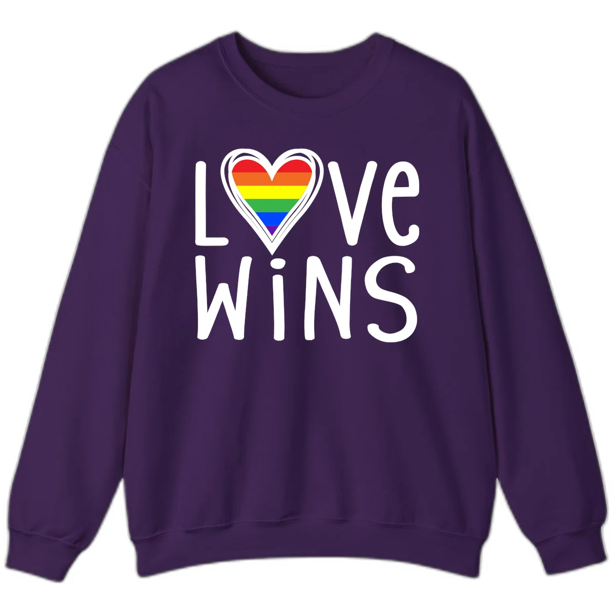 Love wins rainbow heart design with pride flag colors in white outlined heart shape and text in Purple