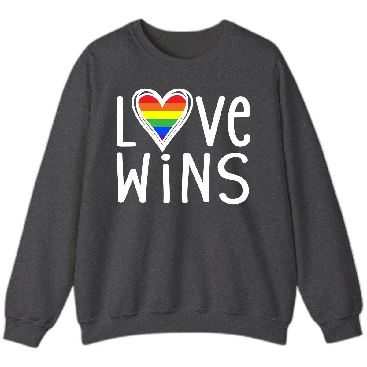 Love wins rainbow heart design with pride flag colors in white outlined heart shape and text in Dark Heather