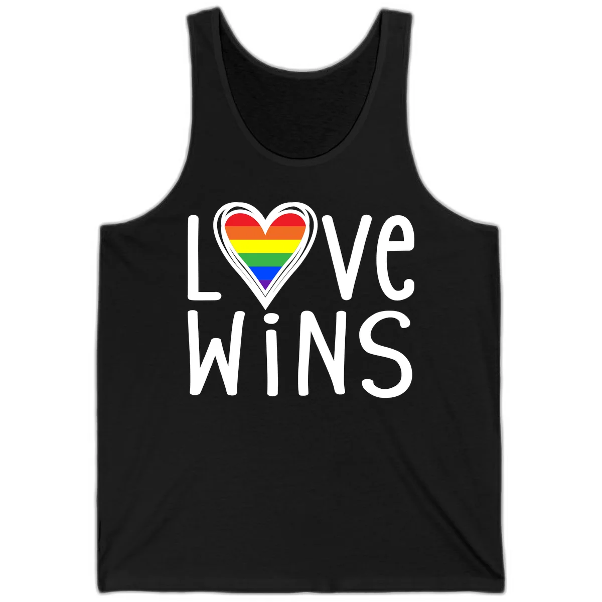 Love wins rainbow heart design with pride flag colors in white outlined heart shape and text in Black