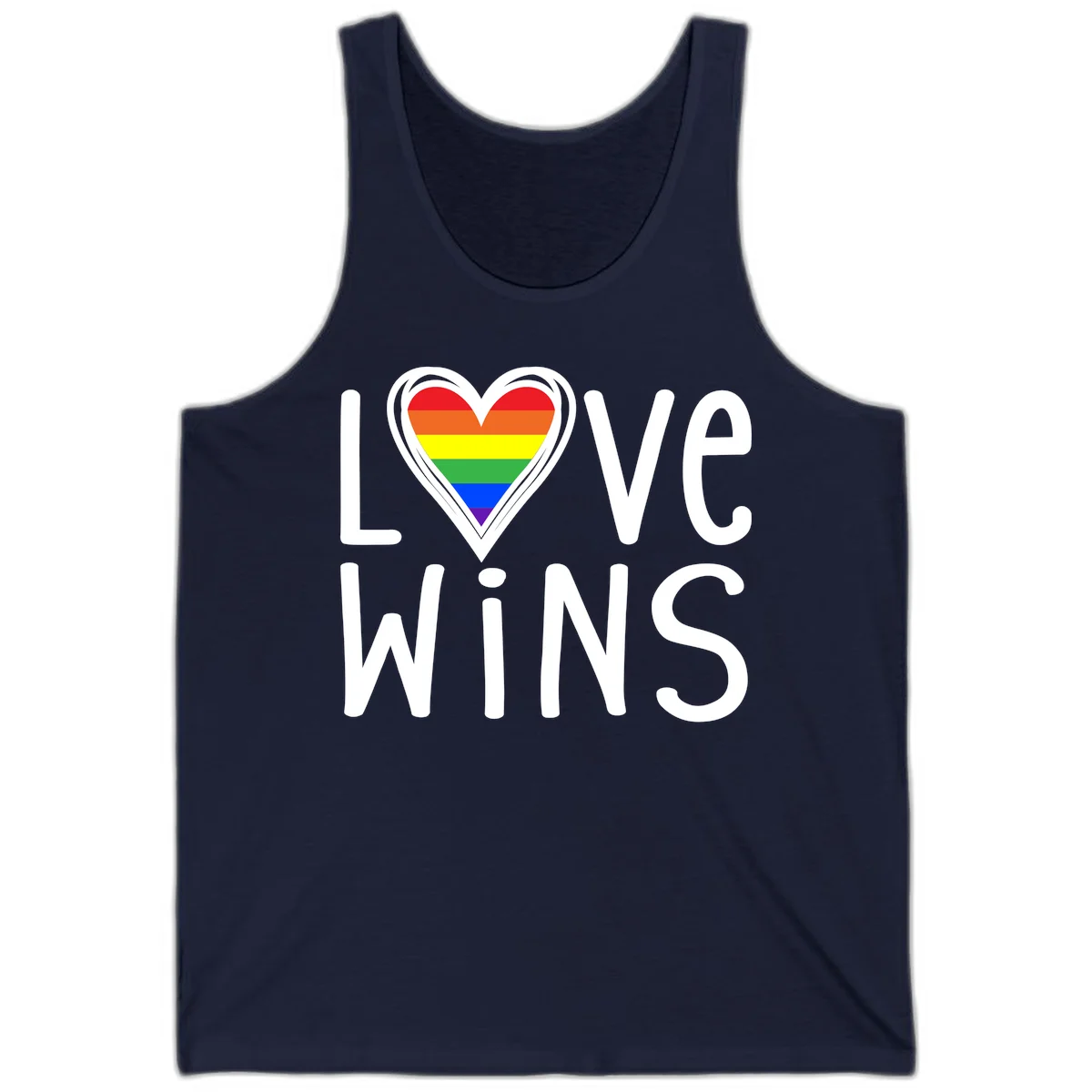 Love wins rainbow heart design with pride flag colors in white outlined heart shape and text in Navy