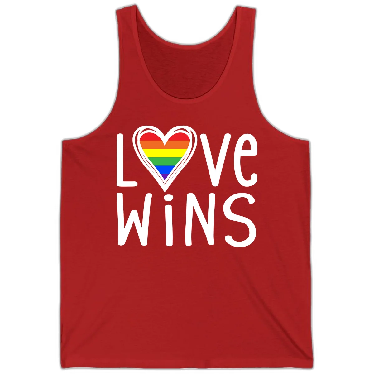 Love wins rainbow heart design with pride flag colors in white outlined heart shape and text in Red