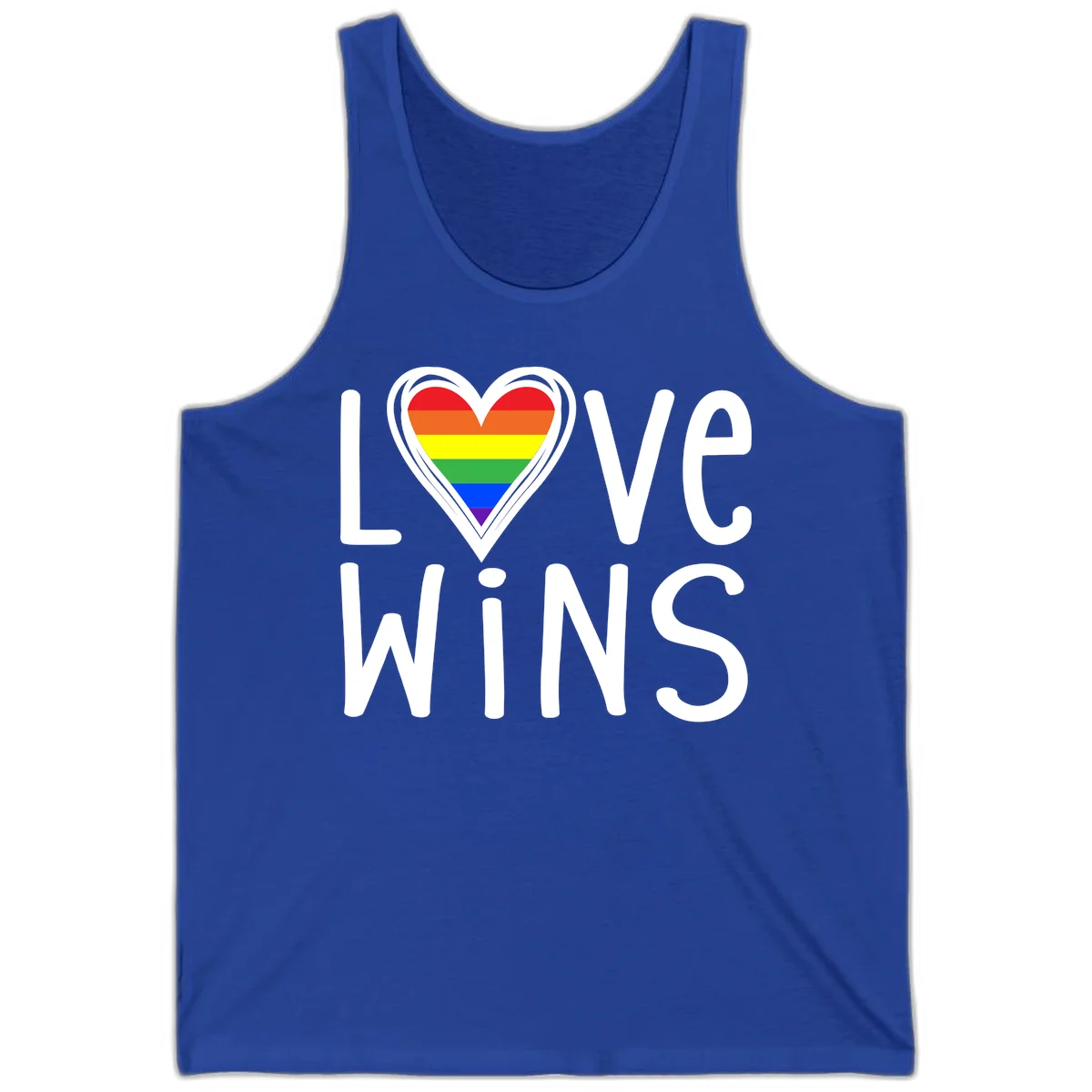 Love wins rainbow heart design with pride flag colors in white outlined heart shape and text in True Royal