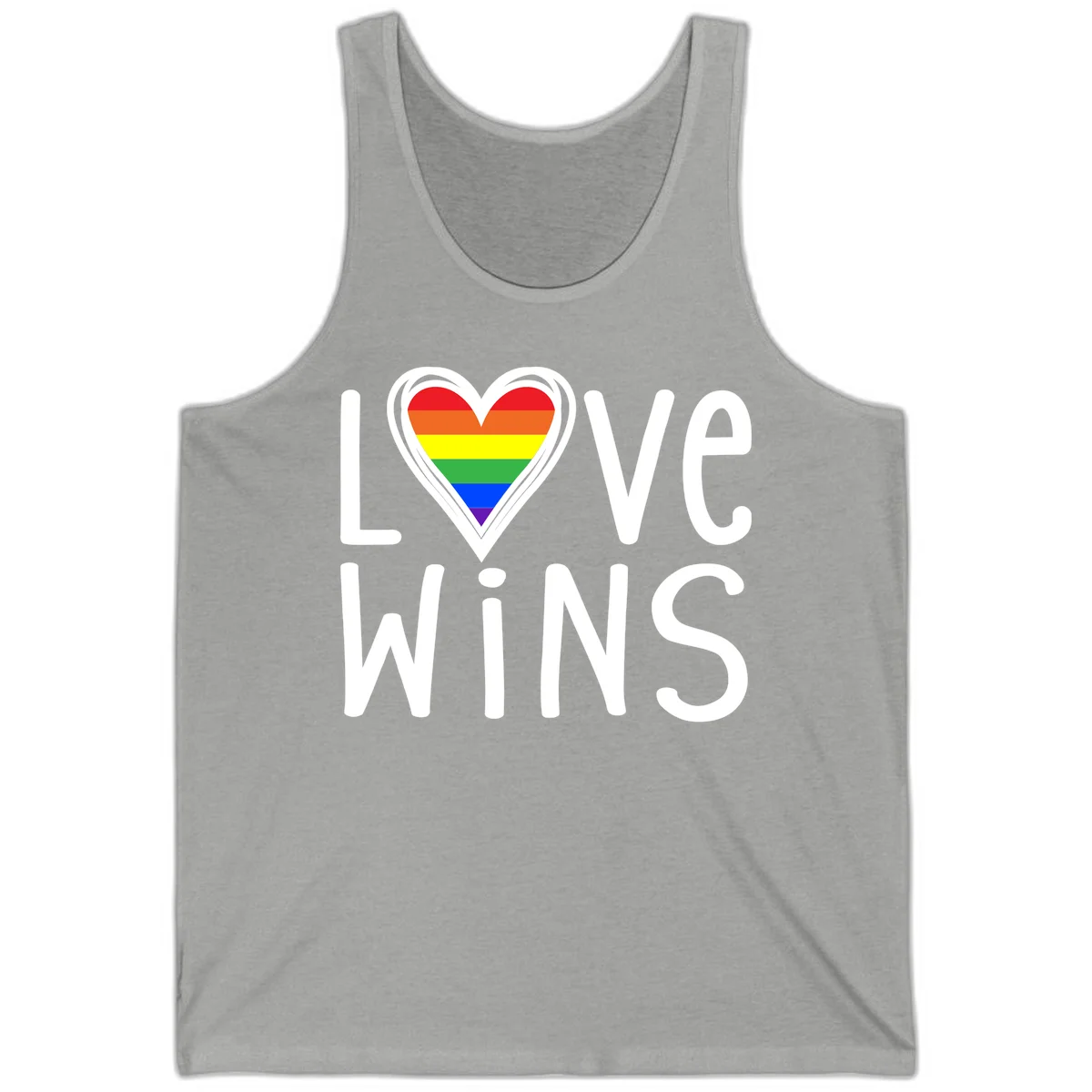 Love wins rainbow heart design with pride flag colors in white outlined heart shape and text in Athletic Heather