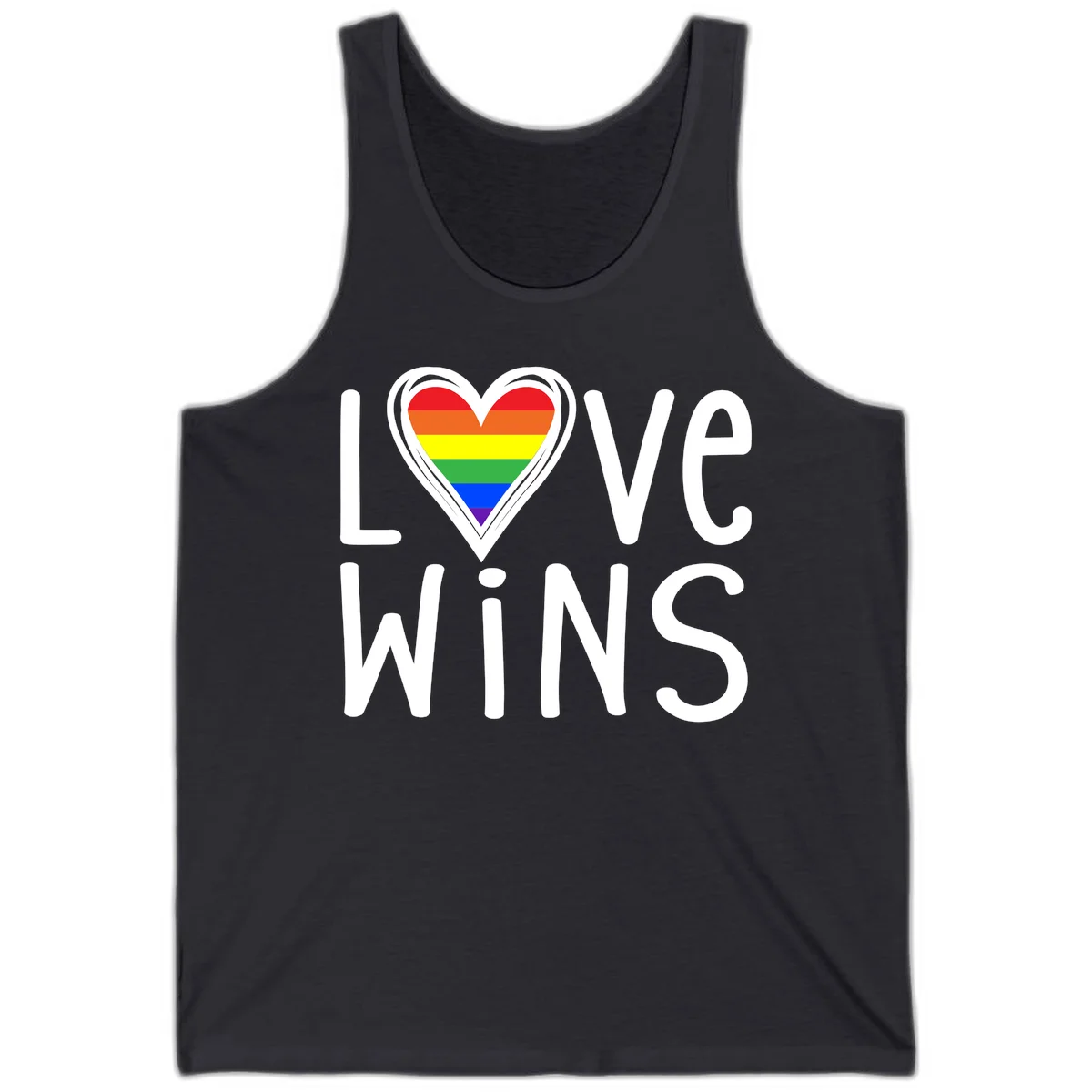 Love wins rainbow heart design with pride flag colors in white outlined heart shape and text in Dark Grey
