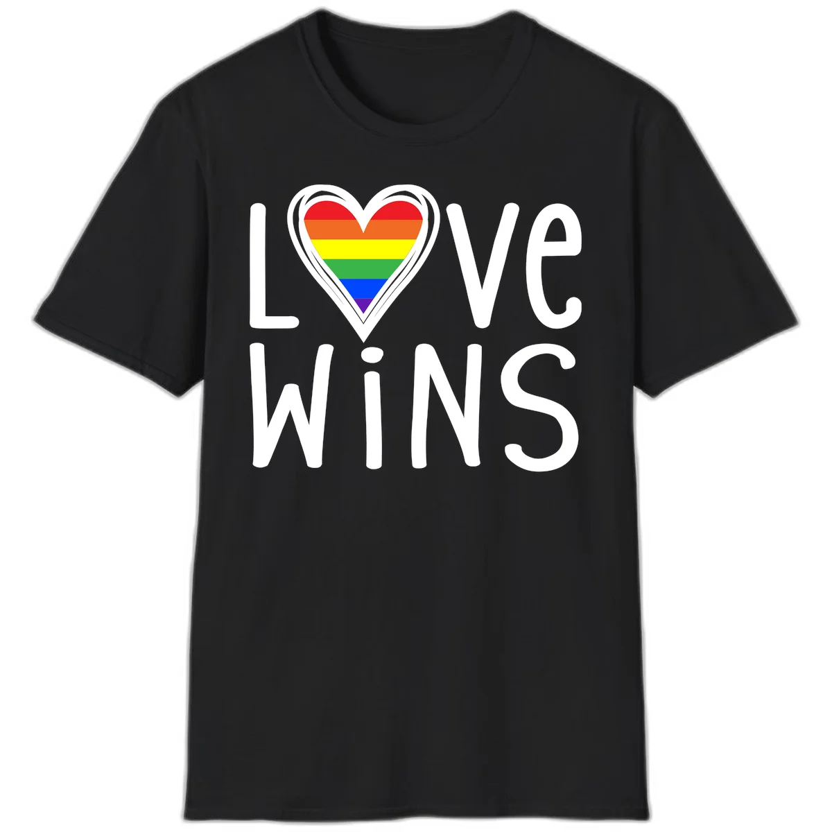 Love wins rainbow heart design with pride flag colors in white outlined heart shape and text in Black
