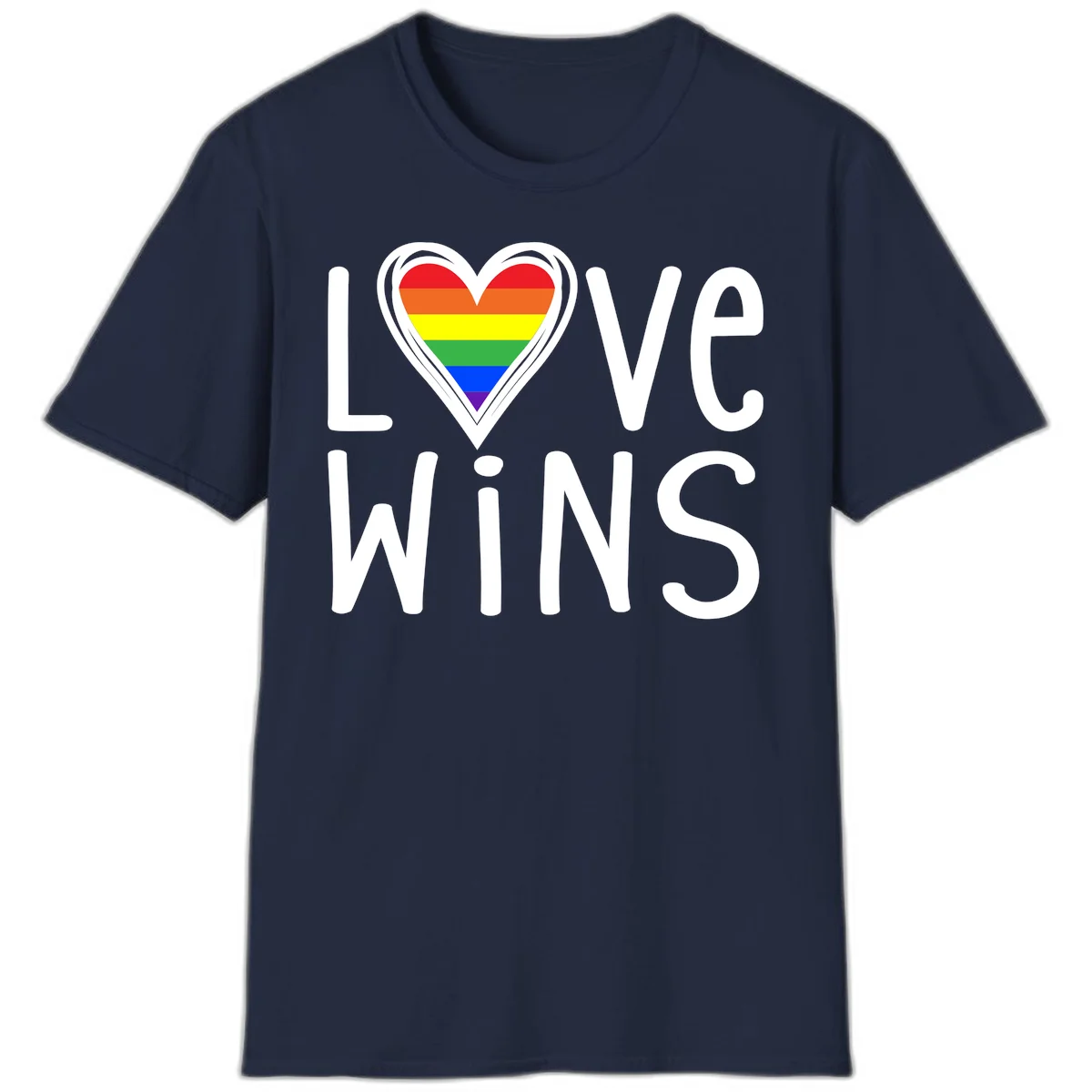 Love wins rainbow heart design with pride flag colors in white outlined heart shape and text in Navy