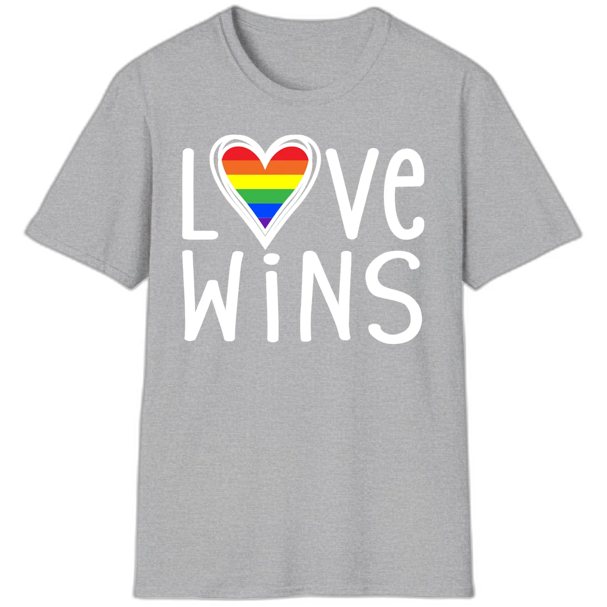 Love wins rainbow heart design with pride flag colors in white outlined heart shape and text in Sport Grey