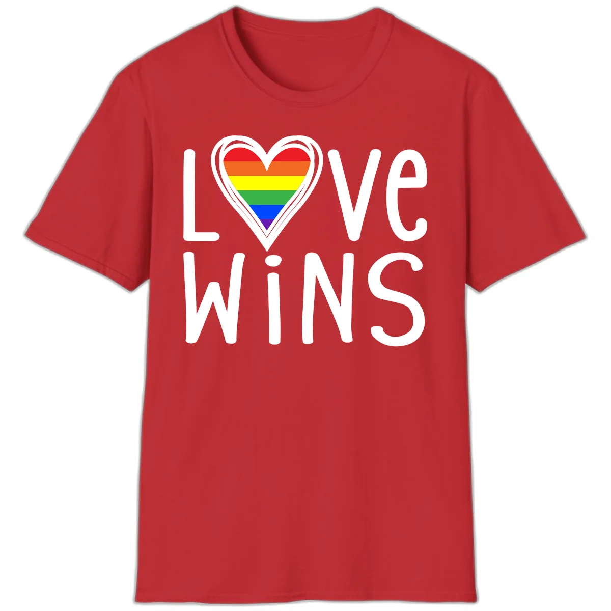 Love wins rainbow heart design with pride flag colors in white outlined heart shape and text in Red