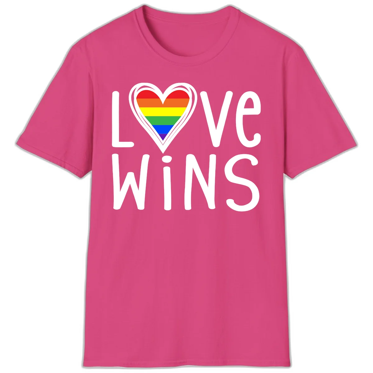 Love wins rainbow heart design with pride flag colors in white outlined heart shape and text in Heliconia