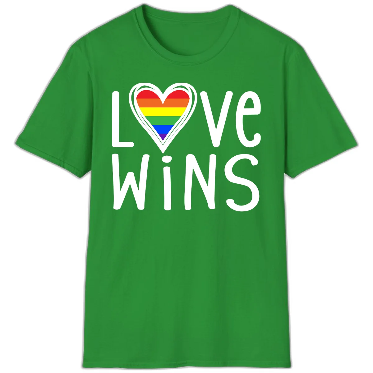 Love wins rainbow heart design with pride flag colors in white outlined heart shape and text in Irish Green