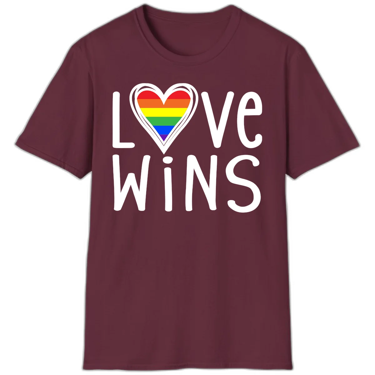 Love wins rainbow heart design with pride flag colors in white outlined heart shape and text in Maroon