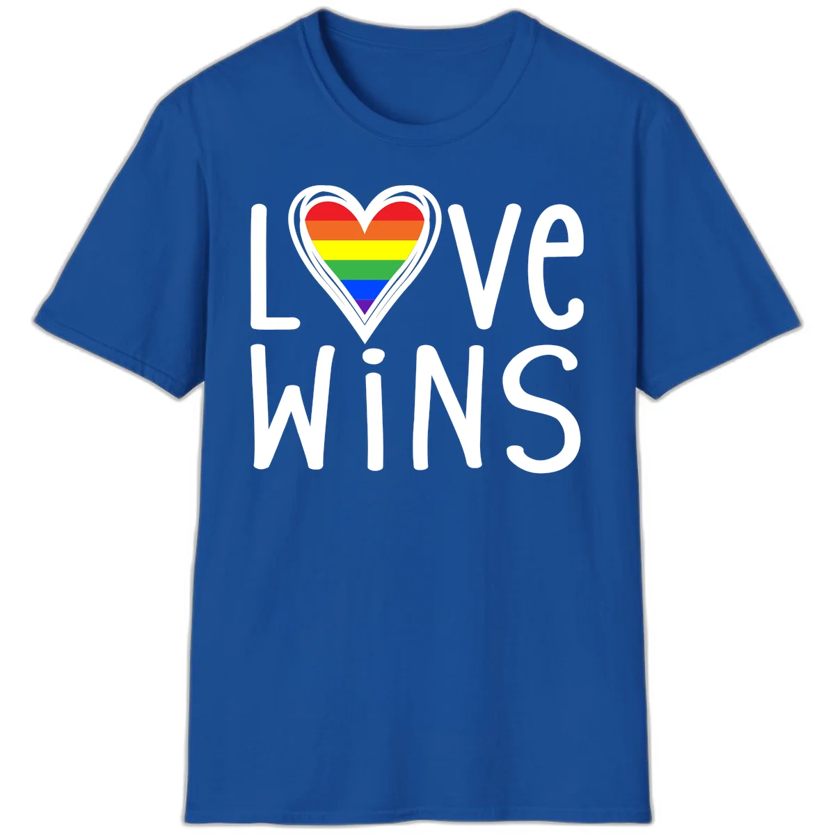 Love wins rainbow heart design with pride flag colors in white outlined heart shape and text in Royal