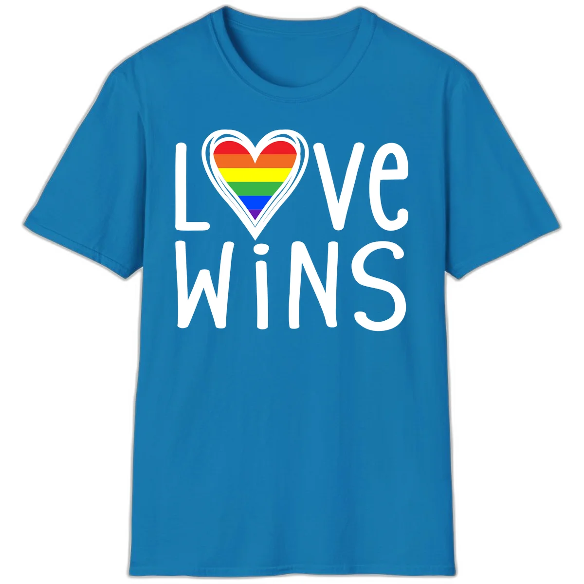 Love wins rainbow heart design with pride flag colors in white outlined heart shape and text in Sapphire