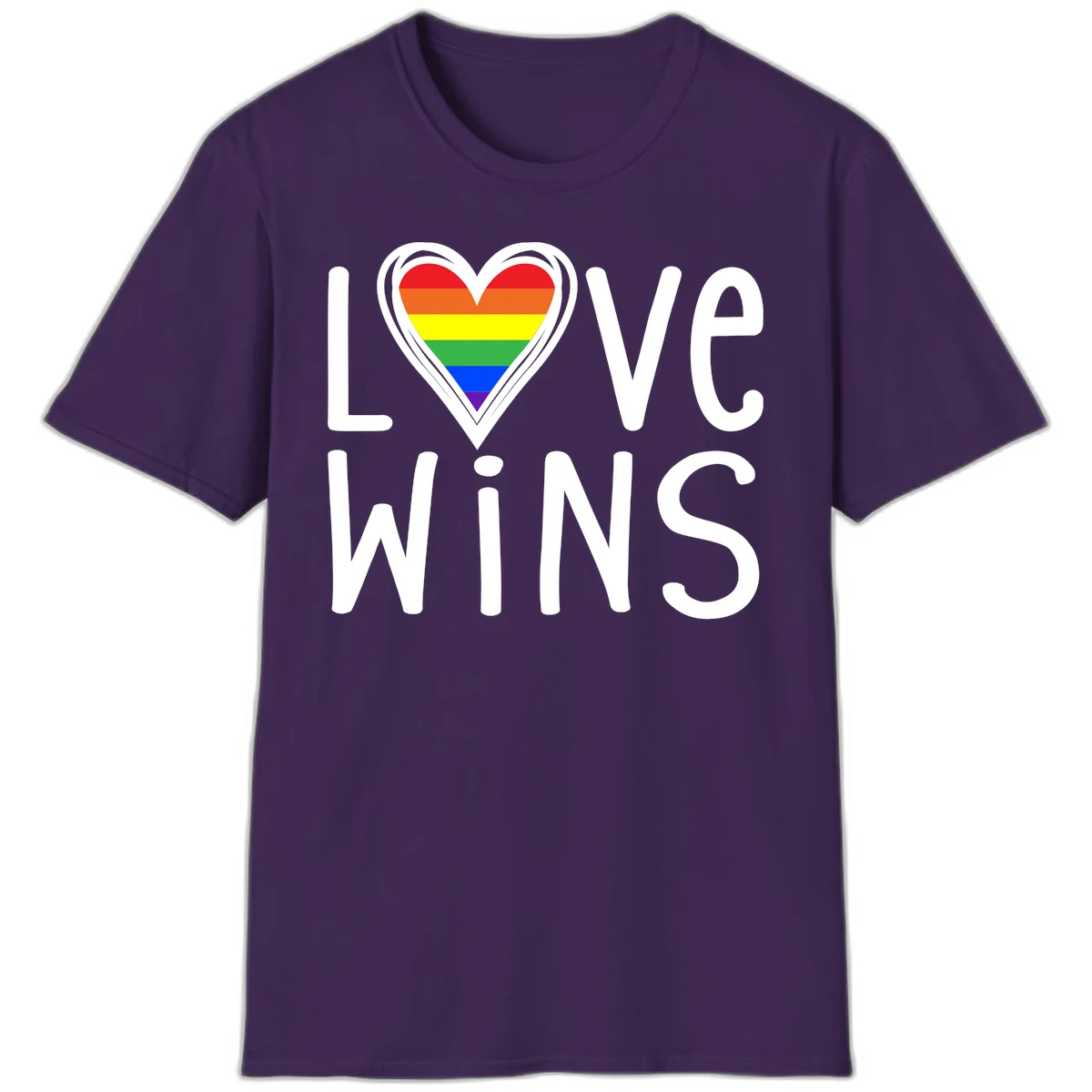 Love wins rainbow heart design with pride flag colors in white outlined heart shape and text in Purple