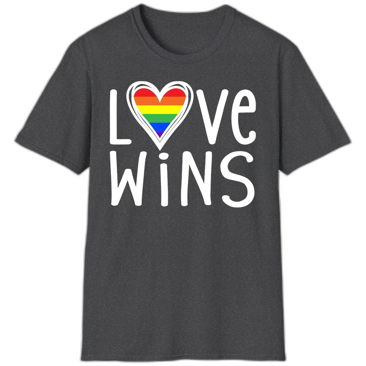 Love wins rainbow heart design with pride flag colors in white outlined heart shape and text in Dark Heather