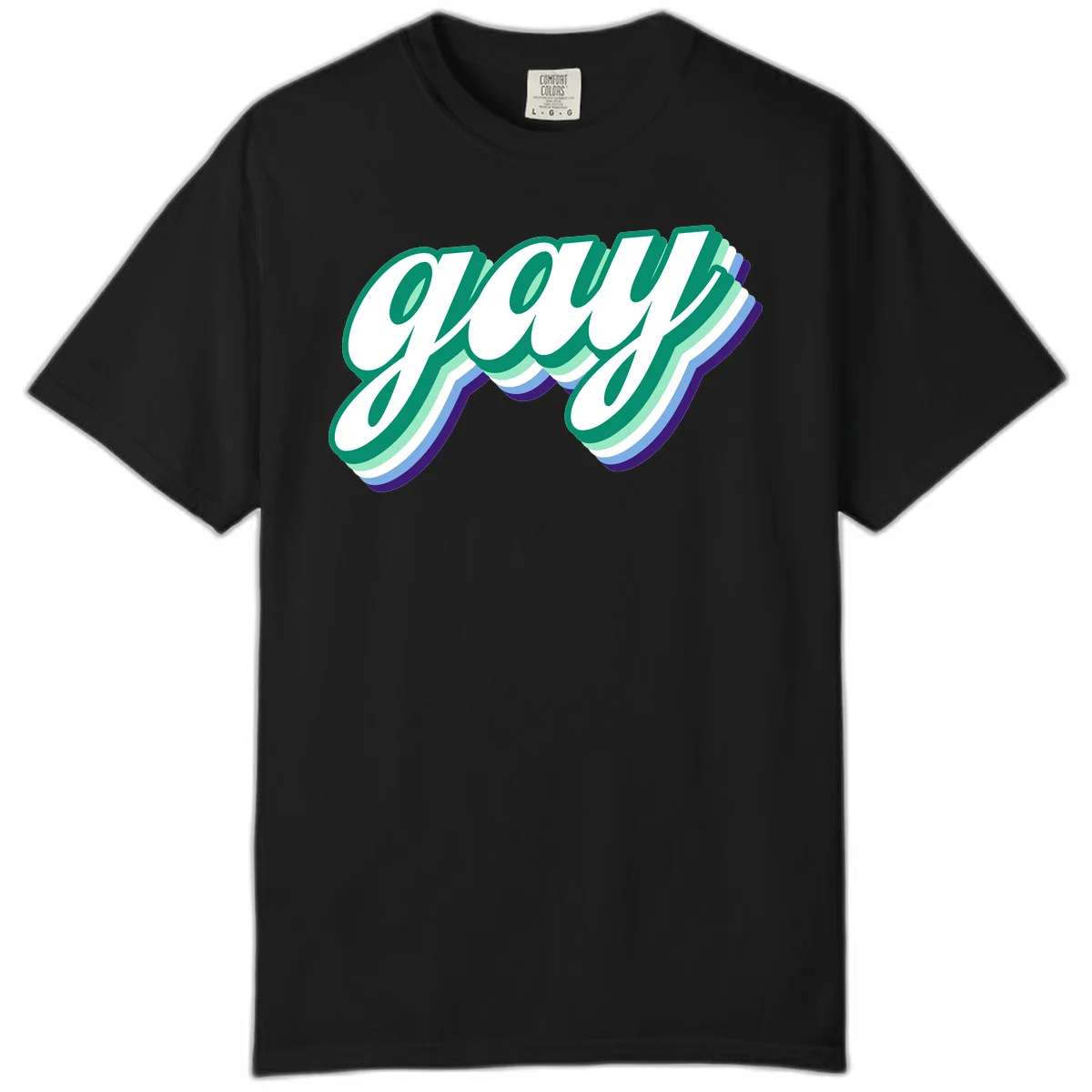 Gay pride layered script design with 3D rainbow color effect in teal, green, blue, and purple in Black