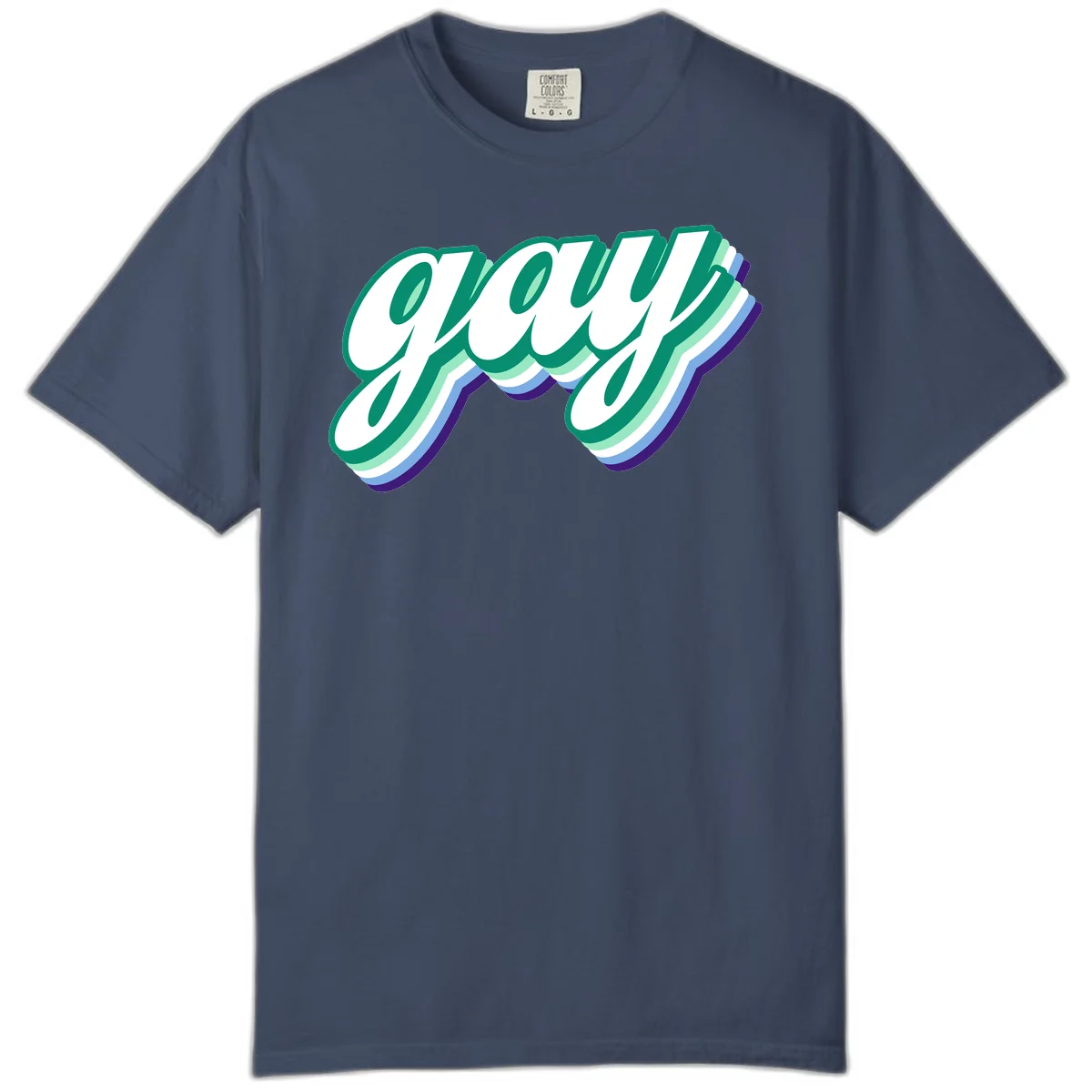 Gay pride layered script design with 3D rainbow color effect in teal, green, blue, and purple in Midnight