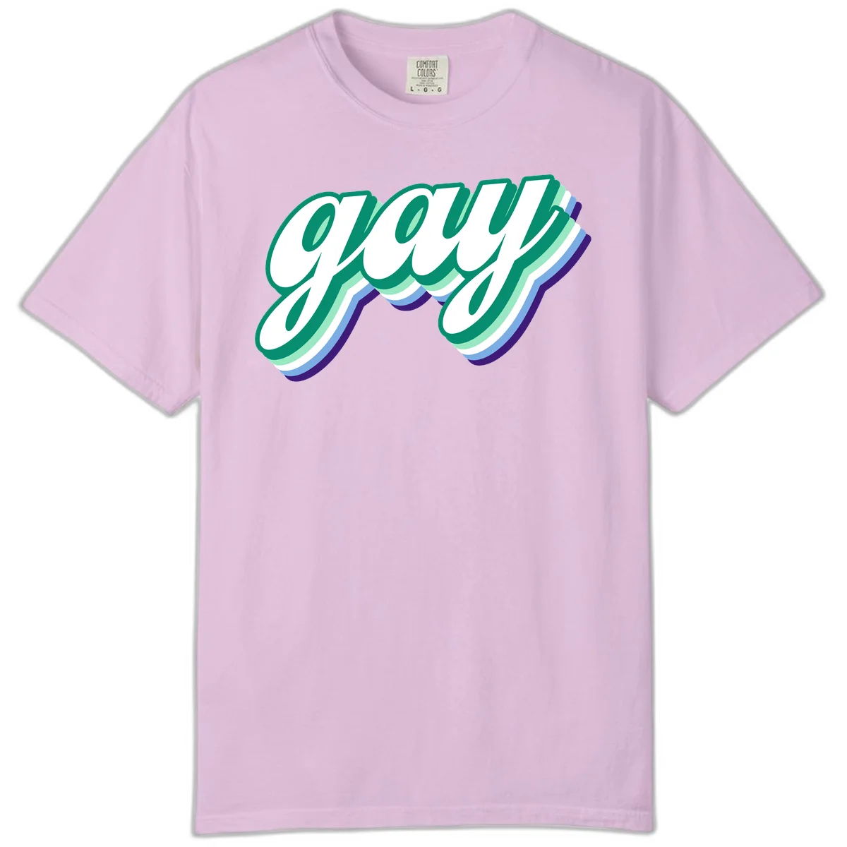 Gay pride layered script design with 3D rainbow color effect in teal, green, blue, and purple in Orchid