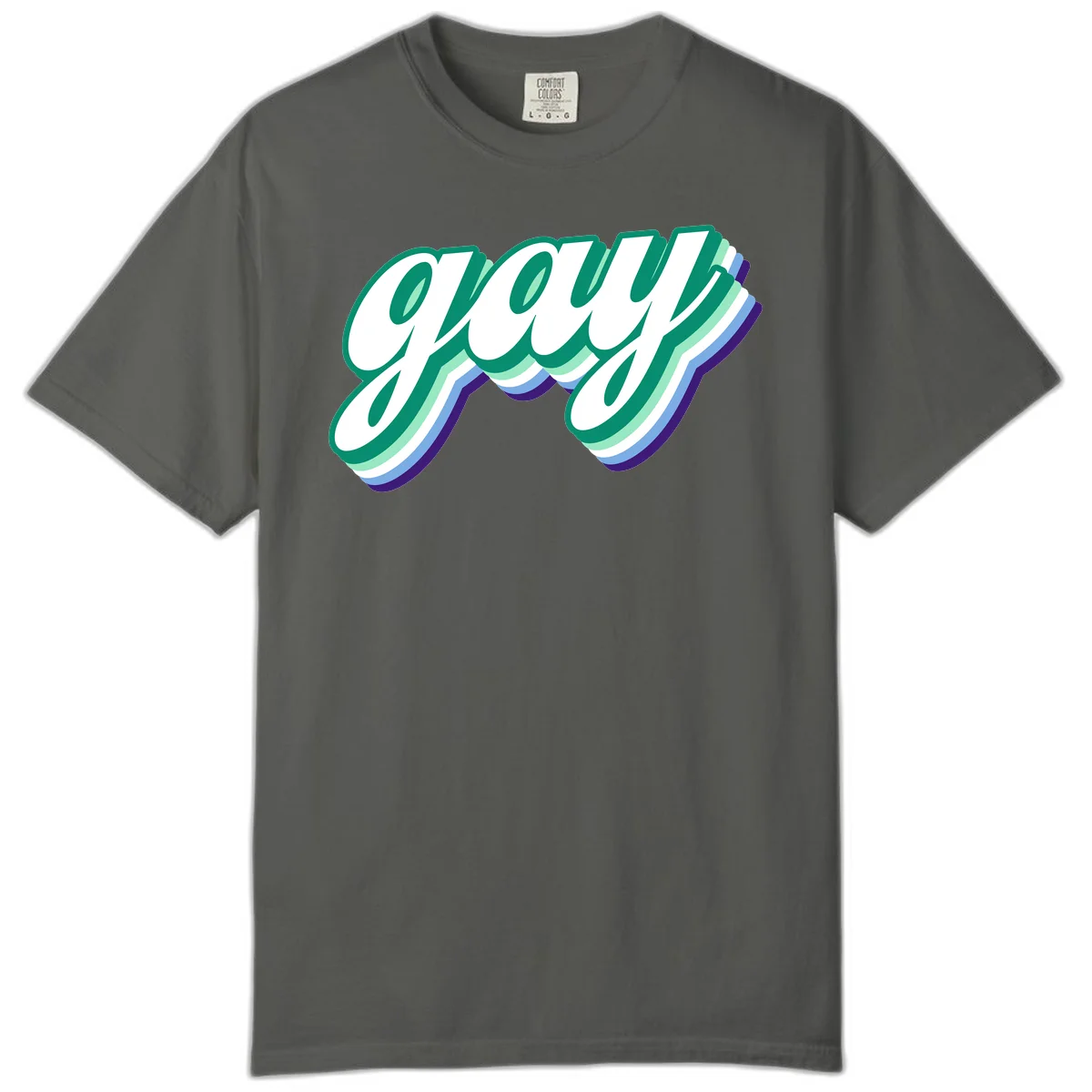Gay pride layered script design with 3D rainbow color effect in teal, green, blue, and purple in Pepper