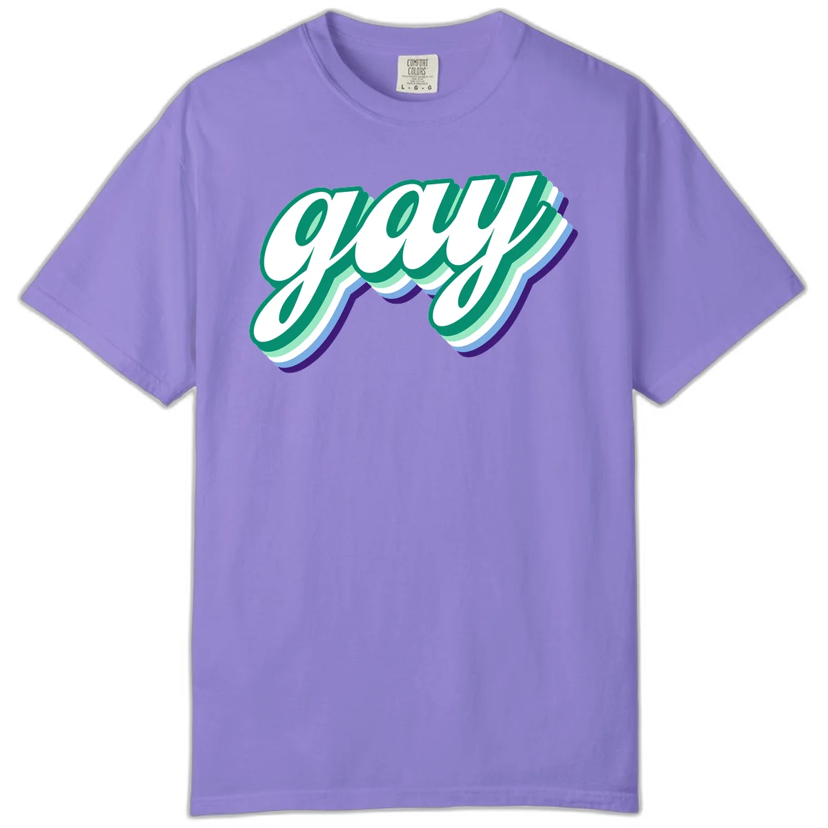 Gay pride layered script design with 3D rainbow color effect in teal, green, blue, and purple in Violet