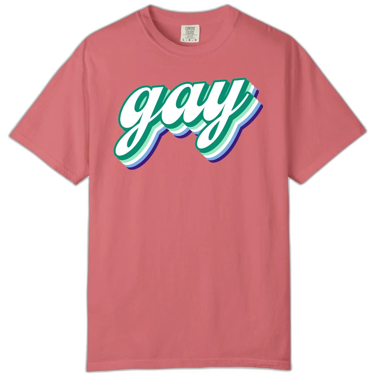 Gay pride layered script design with 3D rainbow color effect in teal, green, blue, and purple in Watermelon