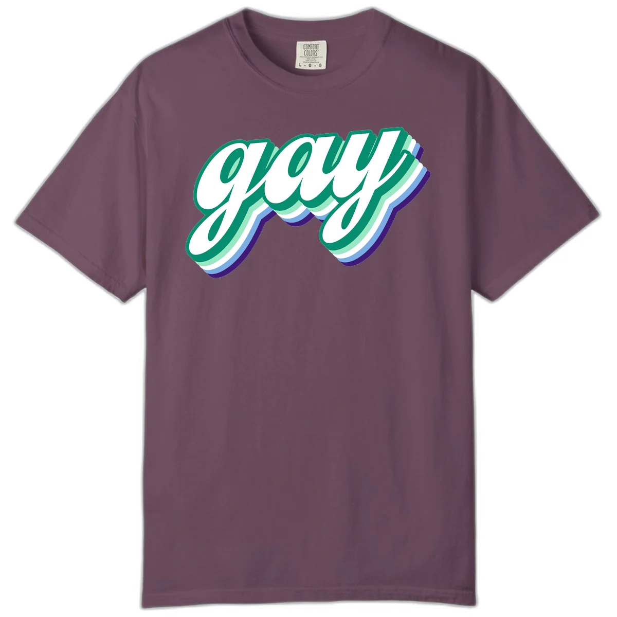 Gay pride layered script design with 3D rainbow color effect in teal, green, blue, and purple in Berry