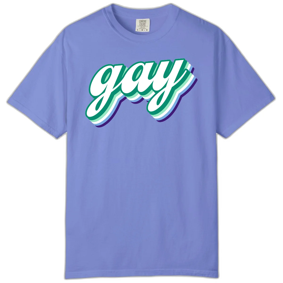 Gay pride layered script design with 3D rainbow color effect in teal, green, blue, and purple in Flo Blue