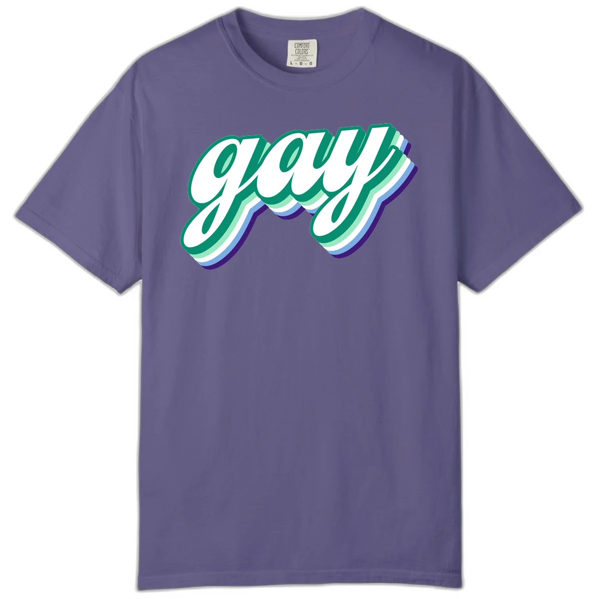 Gay pride layered script design with 3D rainbow color effect in teal, green, blue, and purple in Grape