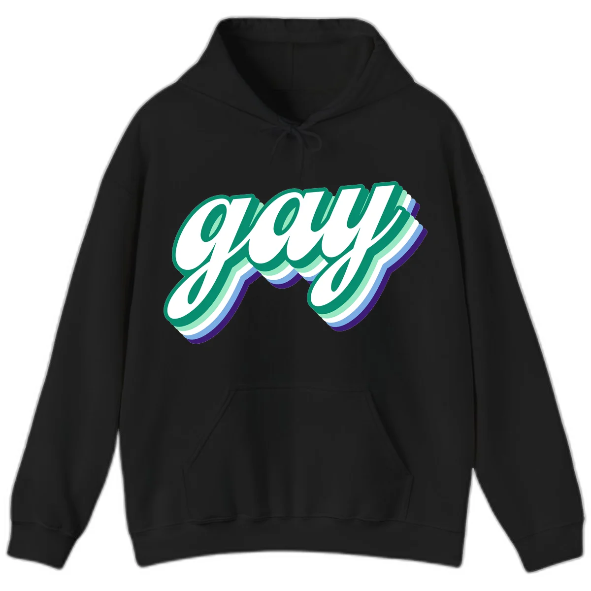 Gay pride layered script design with 3D rainbow color effect in teal, green, blue, and purple in Black