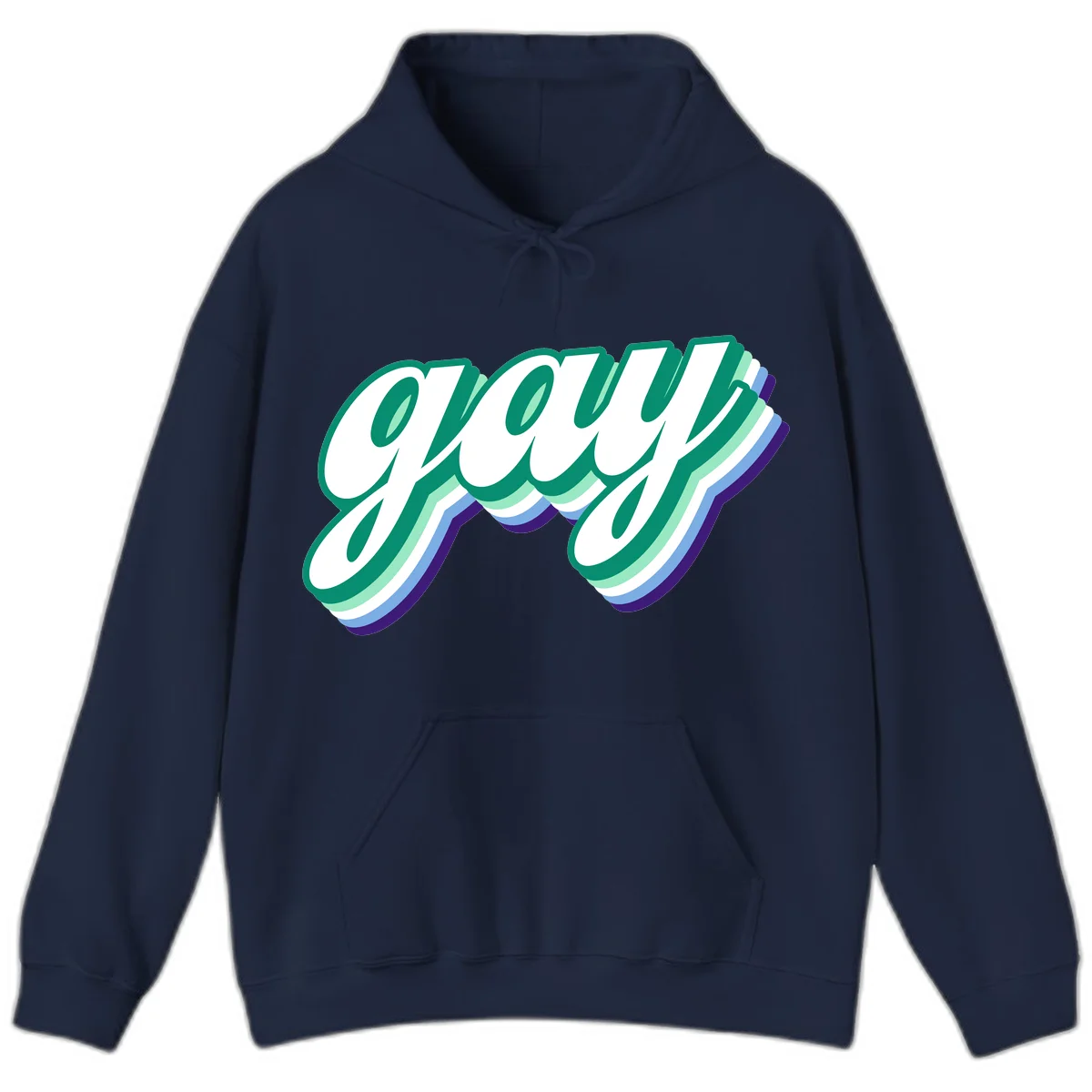 Gay pride layered script design with 3D rainbow color effect in teal, green, blue, and purple in Navy