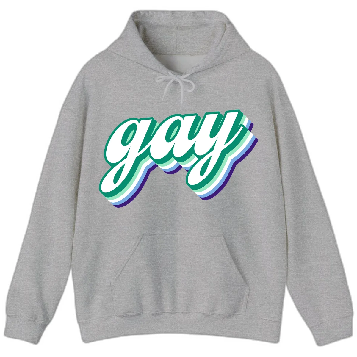 Gay pride layered script design with 3D rainbow color effect in teal, green, blue, and purple in Sport Grey