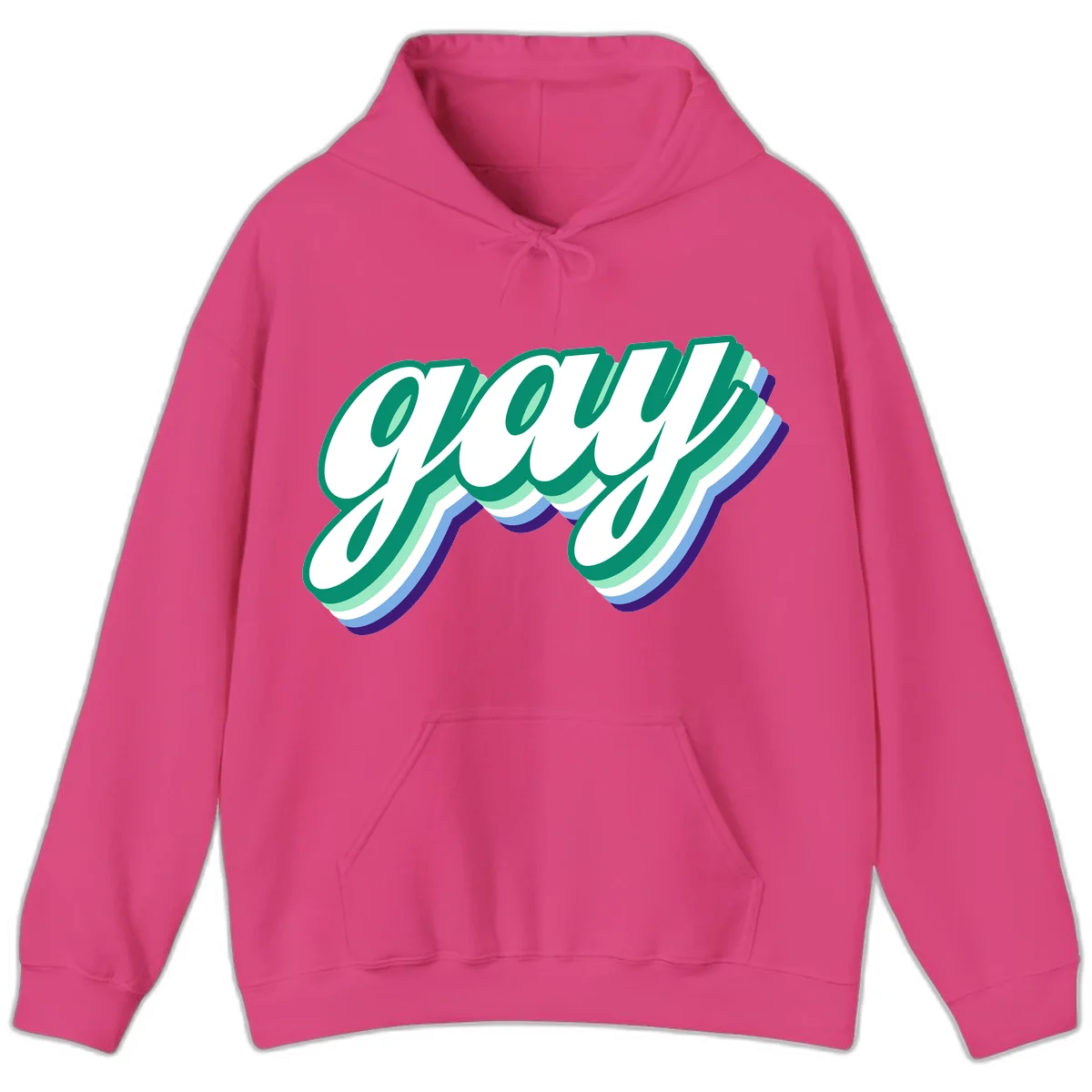 Gay pride layered script design with 3D rainbow color effect in teal, green, blue, and purple in Heliconia