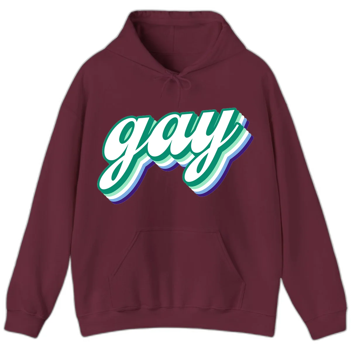 Gay pride layered script design with 3D rainbow color effect in teal, green, blue, and purple in Maroon