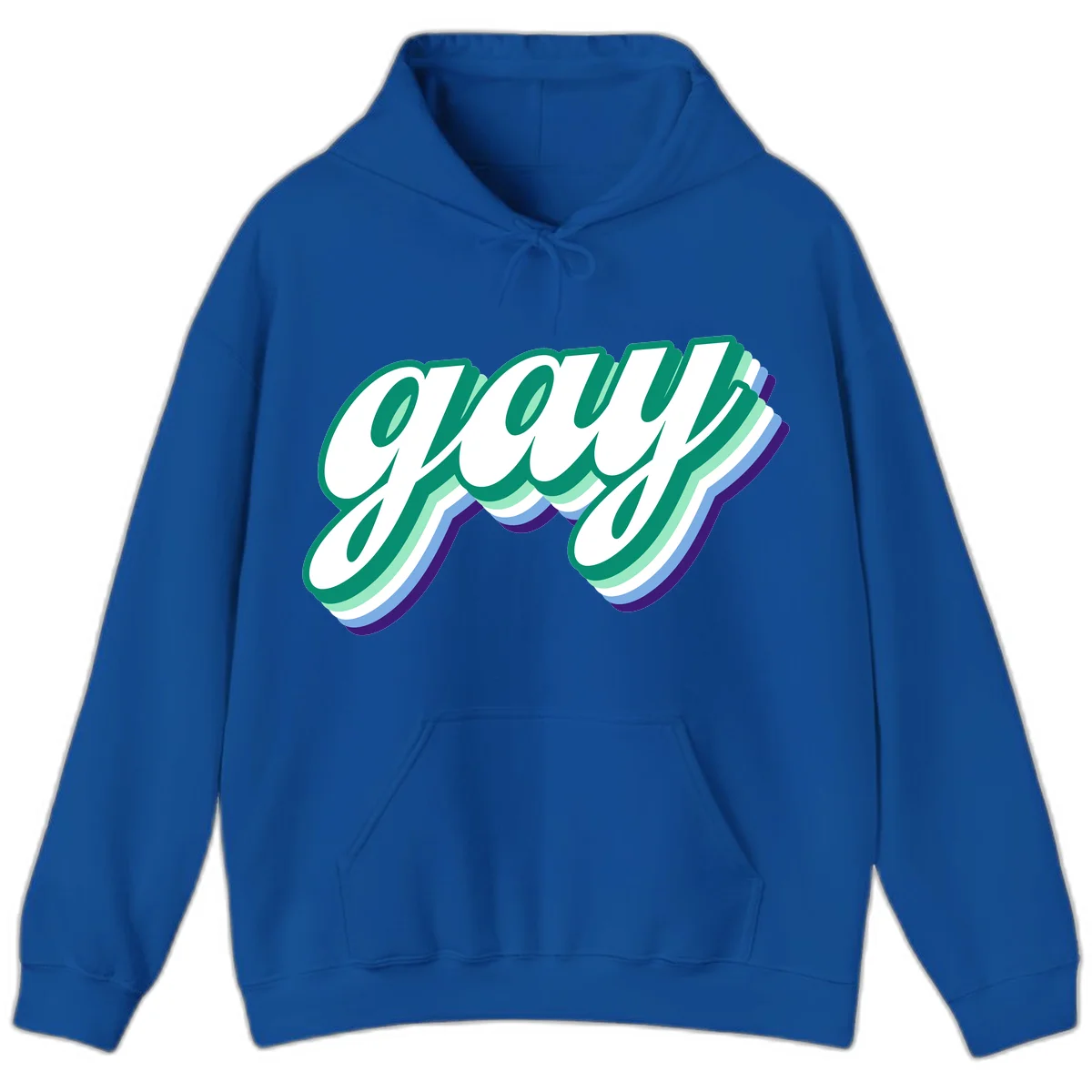 Gay pride layered script design with 3D rainbow color effect in teal, green, blue, and purple in Royal