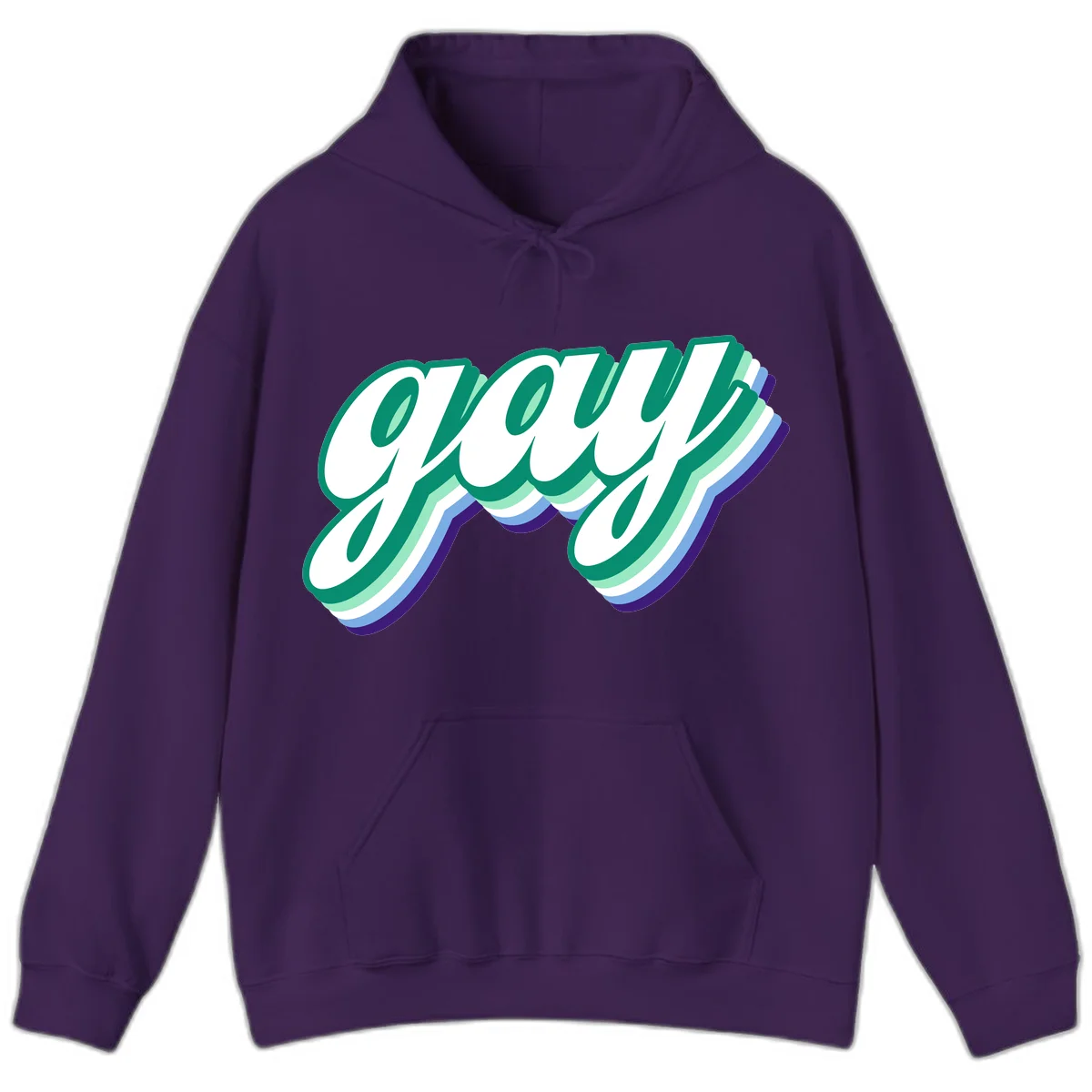 Gay pride layered script design with 3D rainbow color effect in teal, green, blue, and purple in Purple